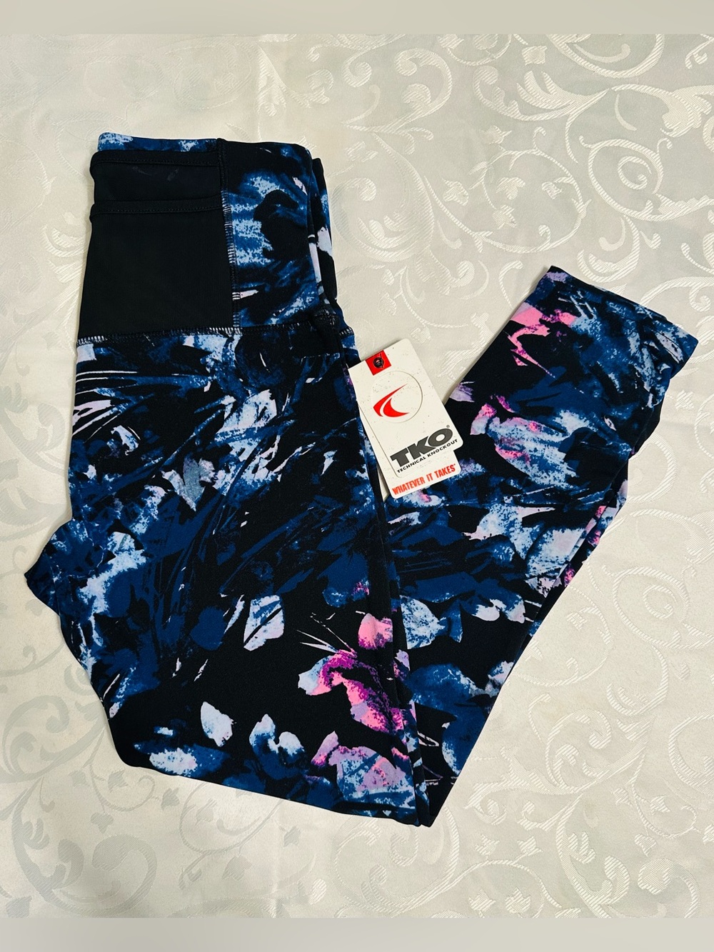 TKO Women's High-Rise Abstract Floral Leggings in Black, Blue & Pink - Medium
